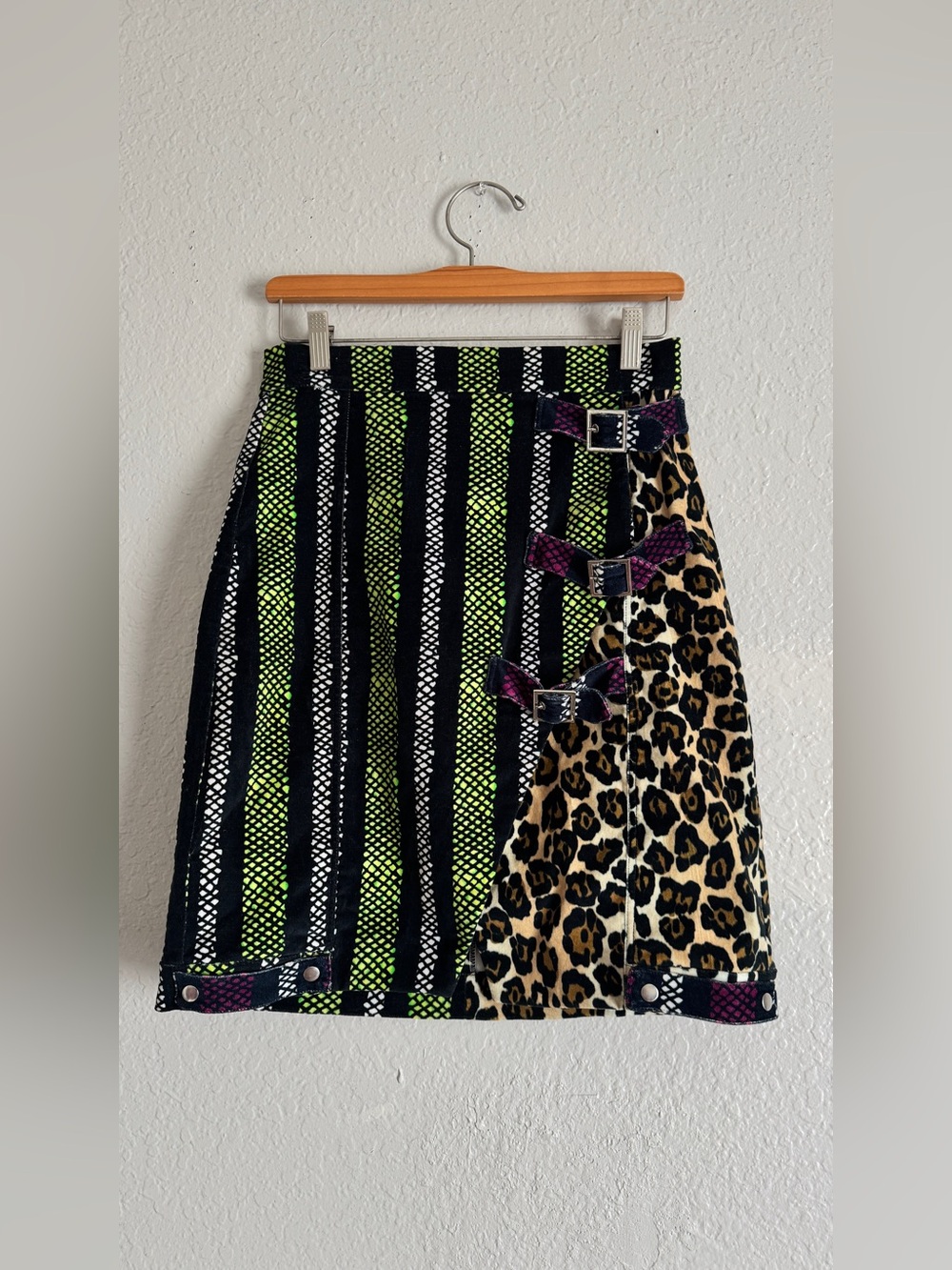 House of Holland Velvet Leopard Print and Striped Mini Skirt